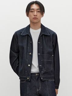 Type 2 Denim Jacket Outfit Men, Denim Jacket With Patch Pockets, Spring Rigid Denim Outerwear With Patch Pockets, Spring Denim Outerwear With Selvedge Detail, Spring Selvedge Denim Outerwear, Spring Rigid Denim Jacket With Patch Pockets, Spring Dark Wash Denim Jacket With Welt Pockets, Raw Denim Jacket, Denim Utility Jacket