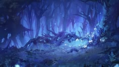 a forest with lots of trees and plants in the night time, surrounded by blue lights