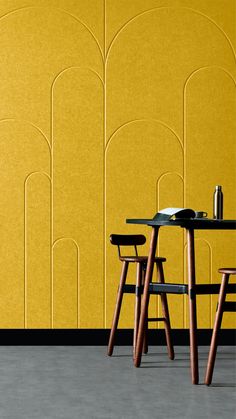 two chairs and a table in front of a yellow wall