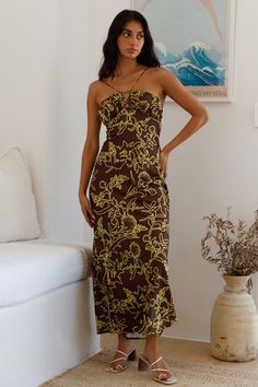 Length from shoulder to hem of size S: 121cm. Chest 35cm, Waist 33cm, across front only of size S. Maxi dress. Semi-lined. Model is a standard XS and is wearing size XS. True to size. Non-stretch. Open tie-up back. Satin. Patterned. Zipper. Cold hand wash only. Print placement may vary. Polyester. Set the mood with the Sundown Hour Satin Maxi Dress. Featuring an open tie-up back design and a gorgeous, unique pattern. Style with heels for a romantic date. Flowy Hair, Midi Dress Brown, Satin Pattern, Flowy Midi Dress, Dewy Makeup, Midi Dress Style, Long Bodycon Dress, Makeup Style, Satin Maxi