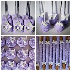 purple cupcakes with white flowers and butterflies on them are arranged in different ways