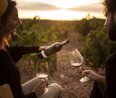 two people sitting on a bench with wine glasses in their hands and one person holding a bottle of wine