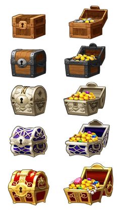 several different types of chests with gold in them