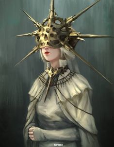 a painting of a woman wearing a crown with spikes on it's head and hands