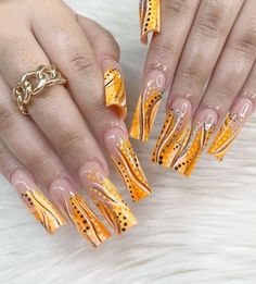 Orange 90s Nails, 90s Style Nails, 90s Nails, Diy Acrylic Nails, Colored Acrylic, Colored Acrylic Nails, Exotic Nails, Unique Acrylic Nails