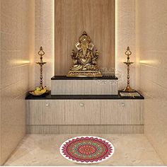 a buddha statue sitting in the corner of a room