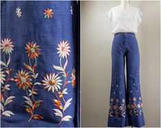 This is an awesome pair of 70s bell-bottom jeans made of soft denim. They are high-waisted with a metal snap at the waistband and metal zipper. The waistline stitching is rainbow with little flowers on the sides. They are bell bottoms with such a wonderful flair. The jeans have a really lovely warm tone of embroidered flowers from the knees down with some silver metallic details. The back is plain and there is a tag on the inside center seam from way of way of life along with a care tag. Condition: The pants are in good condition with only some repairs to note. The side seams have been reinforced with embroidered flowers and the center seams have also been reinforced on the inside. This does not show but they were loved and still have lots of life left. They have been professionally hand l Little Flowers, Flower Child, Embroidered Flowers, Way Of Life, Bell Bottoms, Bell Bottom Jeans, Wide Leg Jeans, Women Jeans, Halloween Shopping