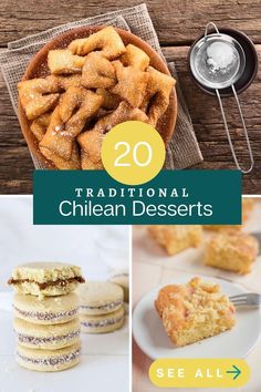 the top 20 traditional chilean desserts are on display in this collage with text overlay