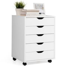 a white dresser with five drawers and a potted plant sitting on top of it