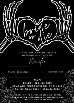 a black and white wedding card with skeleton hands in the shape of a heart on it