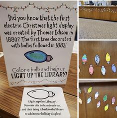 christmas lights are hung on the front and back of an old library bookcase with magnets attached to it