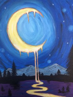 an acrylic painting of a crescent moon in the night sky