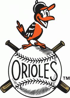 the baltimore orioles logo with a bird sitting on top of a baseball ball and bats