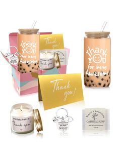 thank you gift set with candle, note and card