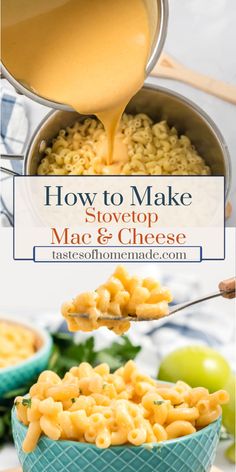 macaroni and cheese being poured into a bowl