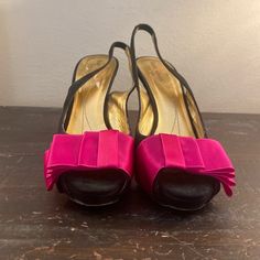 I Was Obsessed With These For Years And Finally Found Them- Wore Once To A Wedding And Ever Since They Have Been Collection Dust On The Top Shelf Of My Closet. Now That I Have 3 Little Ones I Never Get A Chance To Wear Them. I Will Be Sad To See Them Go, Tempted Not To Sell- But They Need A Good Home! Peep Toe Style Black Suede Platform Style (Makes Them Easier To Walk In) Slingback Hot Pink Silk Bows Leather Foot Bed Leather Sole Made In Italy Kate Spade Truly Has The Best Quality Shoes No Trades Pink Slingback Pumps With 4-inch Heel, Pink Slingback Pumps With Padded Heel For Spring, Pink Chic Slingback Pumps With 4-inch Heel, Pink Ankle Strap Slingback Pumps, Pink High Heel Slingback Pumps For Formal Occasions, Pink High Heel Slingback Pumps For Formal Events, Pink Formal Slingback Pumps, Pink High Heel Slingback Pumps With Padded Heel, Pink Slingback Pumps With Heel Strap