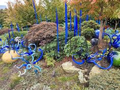 blue glass sculptures in the middle of a garden