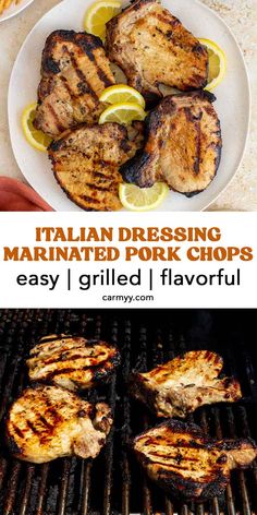 grilled pork chops on the grill with lemon wedges