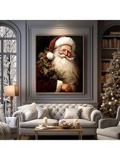 a living room filled with furniture and a christmas painting on the wall next to a window