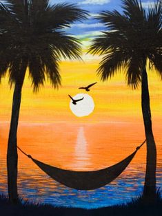 a painting of two palm trees and a hammock