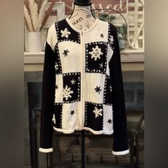 Vintage Erika Sweater Zip front cardigan Women's large 21.5" armpit to armpit 24" in length Embroidered, crocheted, beaded, pearl snowflakes in black and white squares 55% ramie 45% cotton The perfect grandma/granny core sweater for winter holidays and Christmas! Excellent pre-owned condition Fitted Holiday Cardigan, Fitted Long Sleeve Holiday Cardigan, Fitted Long Sleeve Christmas Sweater, Fitted Long Sleeve Holiday Sweater, Black Winter Festive Outerwear, Black Festive Winter Outerwear, Festive Black Winter Outerwear, Festive Long Sleeve Fitted Cardigan, Fitted Long Sleeve Festive Cardigan