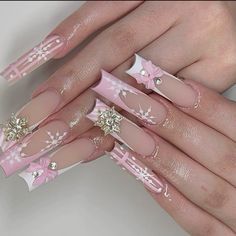 long french tip pink winter nails with snowflake charm and bow Pink Winter Nails, Nail Designs With Rhinestones, Long French Tip, French Tip Pink, Quinceanera Nails, Snowflake Patterns, Winter Nails Acrylic