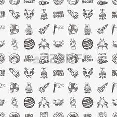 seamless pattern with the words outer space and various objects in black on a white background