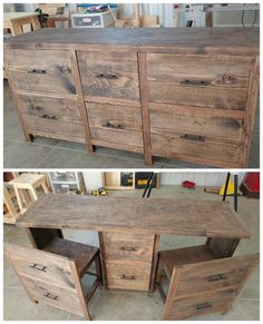 an old dresser has been transformed into a desk with drawers and pulls on the bottom