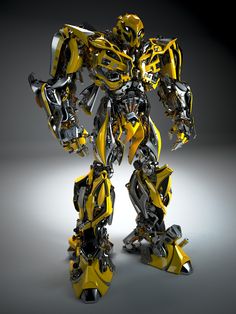 a yellow and black robot is standing in the dark