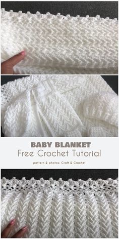 the crochet baby blanket is shown in three different stages, with text overlaying