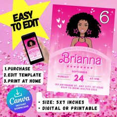 "Get ready to celebrate a glamorous Barbie-themed birthday party with our exquisite African American Barbie Birthday Invitation Template! Perfectly designed for Etsy, this invitation template will make your little one's special day even more magical. Key Features: Editable Text: Easily personalize the invitation with your party details, including the date, time, location, and RSVP information. Customize the font style, size, and color to match your party theme. High-Quality Graphics: Our template is crafted with high-quality graphics and is perfect for printing at home or with a professional printer. You'll get crisp, vibrant invitations every time. Digital Download: Instantly download the template after purchase, ensuring you have it in your hands in no time. No need to wait for shipping! Barbie Birthday Party Invitations Digital Art, Barbie Birthday Invitation, Barbie Birthday Invitations, Magical Key, Family Feud Game, Girls Party Invitations, Barbie Birthday Party, Doll Party, Barbie Birthday