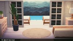 a bedroom scene with a pool and mountains in the backgroung, as well as two chairs