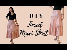 a woman wearing a pink skirt and black top with the words diy tiered midi skirt