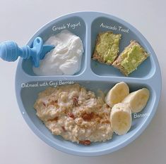 a blue plate topped with different types of food on top of a white countertop