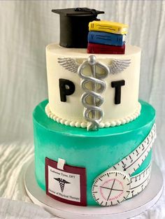 a cake decorated with medical symbols and stethoscopes on top of it