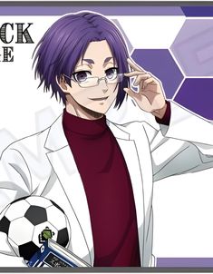 a man with purple hair and glasses holding a soccer ball in front of his face