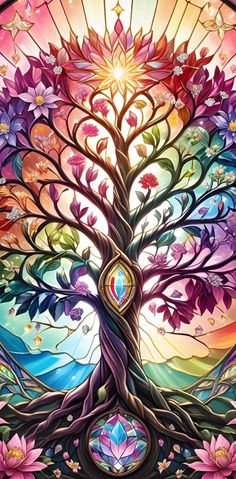 the tree of life is depicted in this stained glass painting by artist susan schreck