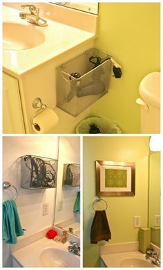 three pictures of bathroom with sink, mirror and toiletries in it's corner