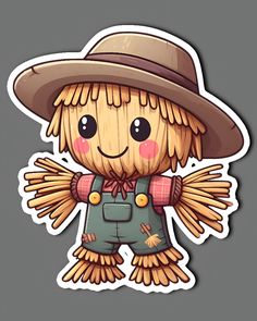 a sticker with an image of a scarecrow wearing overalls and a hat