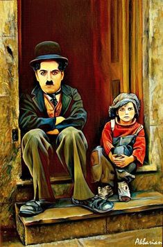 a painting of a man sitting next to a little boy on the steps in front of a door