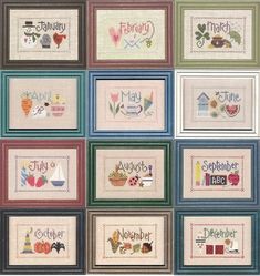 cross - stitch samples are arranged in squares with the words happy birthday written on them