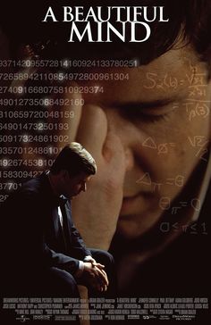 the poster for a beautiful mind with a man holding his head in front of him