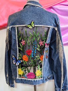 One Of A Kind Embellished Denim Jacket  -Denim  -Studs -Rhinestones  -3D Embellisment -Mandala Spring Denim Jacket With Rhinestones, Spring Denim Jacket With Sequins, Sequin Denim Jacket For Spring, Spring Rhinestone Denim Jacket, Spring Beaded Denim Outerwear, Embellished Blue Denim Jacket For Spring, Embellished Long Sleeve Denim Jacket, Beaded Blue Denim Jacket For Spring, Spring Embellished Blue Denim Jacket