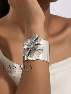 Lasaky - Exquisite Exaggerated Metallic Floral Design Wide Cuff Bracelet with Imitation Pearls Spring Wedding Metal Bracelets, Spring Party Bracelet Jewelry, Elegant Silver Bangle For Spring, Elegant Spring Party Bracelets, Silver Cuff Bangle For Party, Silver Bracelets For Spring Party, Metal Bracelets For Spring Parties, Spring Party Metal Bracelets, Trendy Spring Party Bangle