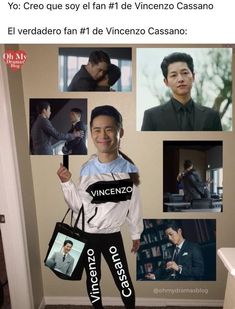 a man holding a bag standing in front of a wall with pictures on it and the caption that reads, yo creo e soy el soy el fan de vini de