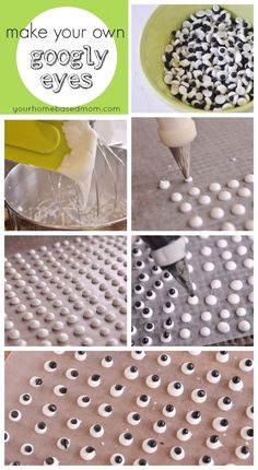 the process for making googly eyes is shown in four different pictures, including an egg and