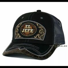 Mexican Hat El Jefe Western Style Embroidered Trucker Mesh Snapback Baseball Cap Black Black Embroidered Visor Trucker Hat, Black Flat Bill Trucker Hat For Rodeo, Black Embroidered Trucker Hat, Black Trucker Baseball Cap For Rodeo, Black Trucker Hat For Rodeo, Casual Black Baseball Cap For Rodeo, Embroidered Trucker Hat, Adidas Bucket Hat, Beaver Hat