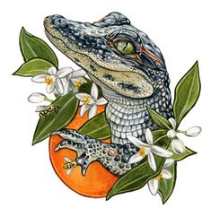 an alligator is sitting on top of an orange with white flowers and green leaves around it