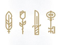 four different types of knives are shown on a white background with gold trimmings