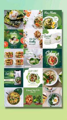 a collage of photos with different food items on them, including salads and vegetables